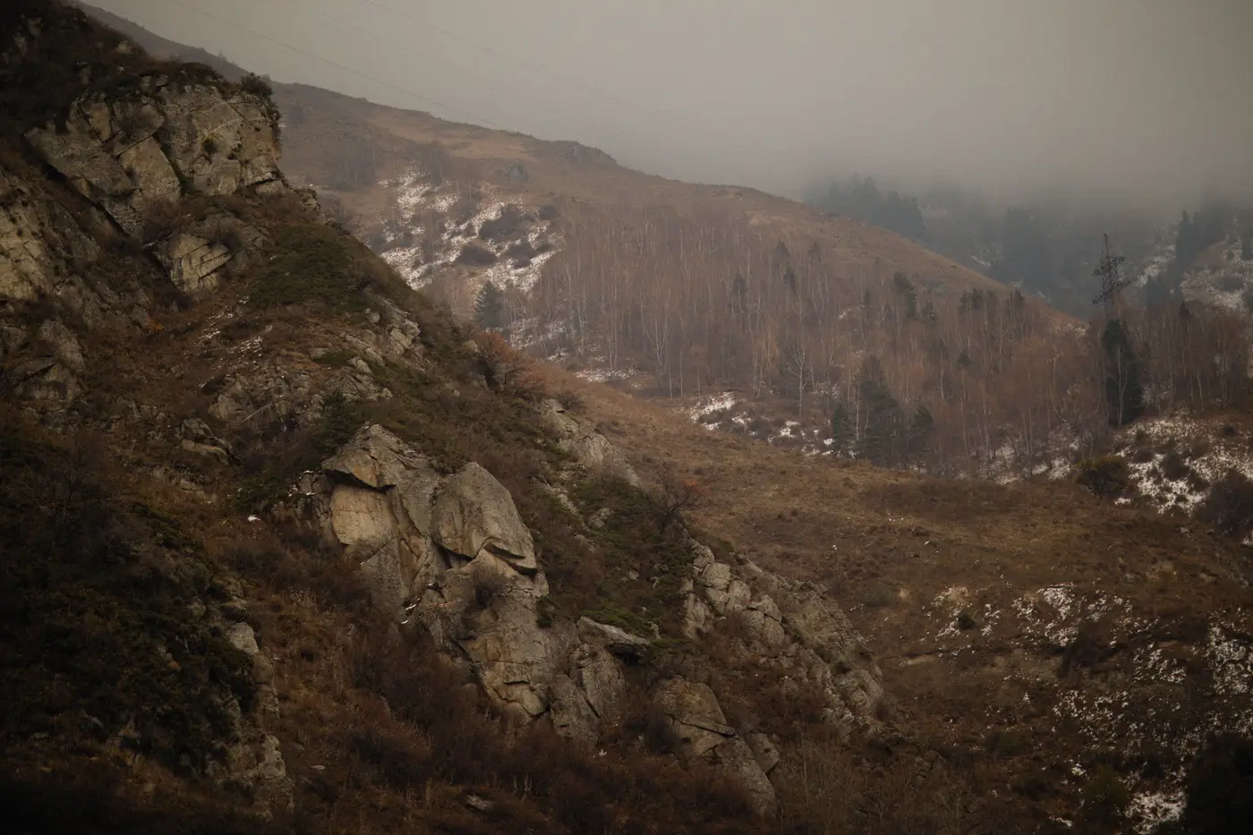 A misty, rugged hillside with sparse trees and patches of snow under a grey sky